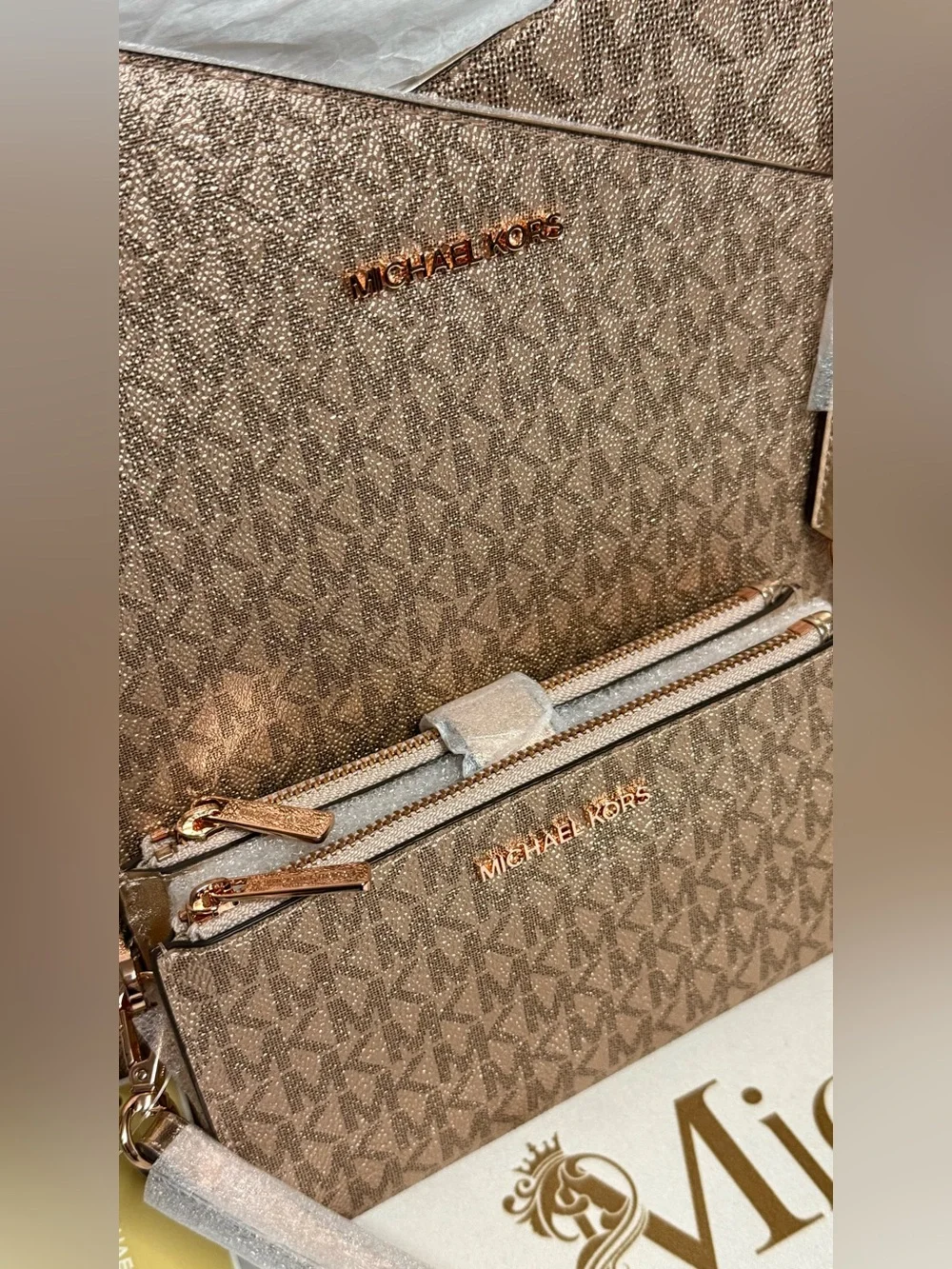 🆕MICHAEL KORS SETs Jet Set Large Chain Shoulder Tote Bag Rose Gold NWT💯Auth $750
